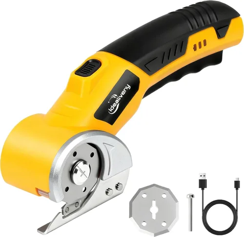 Tijeras eléctricas inalámbricas – Cortador giratorio ligero de 4 V para cartón, cuero, plástico, alfombra, con 2 cuchillas, luz LED, bloqueo de
