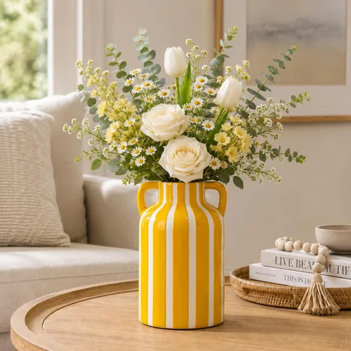 Miniatura 2 de Jarrón de cerámica amarillo y blanco con asas, jarrón floral a rayas para decoración del hogar, flores para cocina, estantería, manto, decoración