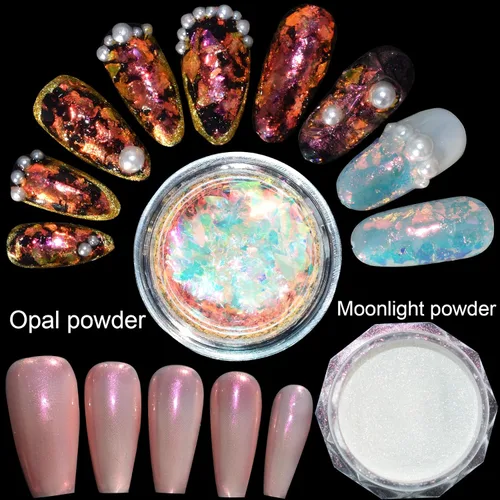 Miniatura 2 de 2 piezas de polvo de uñas de ópalo cromado holográfico luz de luna para arte de uñas con purpurina Paquete de 2 uñas cromadas en polvo de ópalo