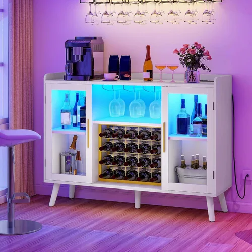 Miniatura 5 de DWVO Armario de bar de vinos con luces LED y tomas de corriente, gabinete de barra de café de 53 pulgadas para licor y vasos, aparador moderno