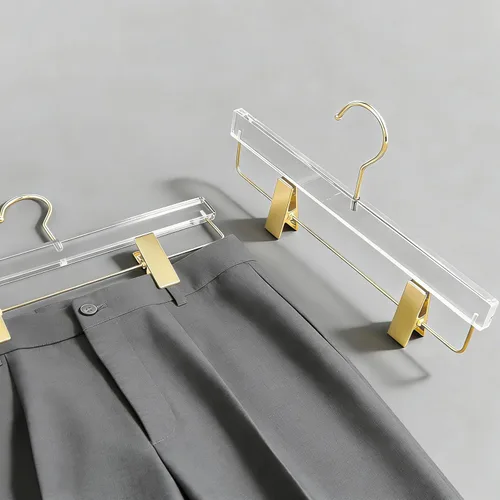 Miniatura 3 de Besser - Perchas acrílicas doradas, paquete de 10 perchas transparentes con gancho dorado, lujosas perchas para faldas y pantalones, clips