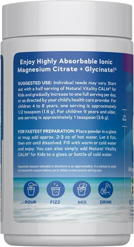 Miniatura 3 de Natural Vitality Kids Calm Magnesio 16oz Polvo Mezcla de bebida con sabor a bayas mixtas Apoya un estado de ánimo equilibrado y un desarrollo
