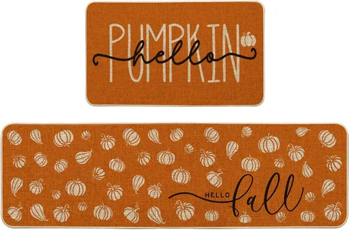 Miniatura 11 de Artoid Mode Juego de 3 tapetes de cocina naranja con texto en inglés "Hello Pumpkin", decoración otoñal para el hogar, alfombras de cocina de bajo