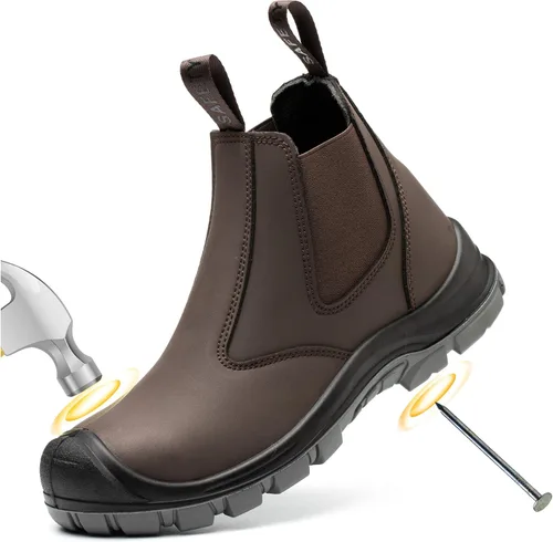 Botas de trabajo con punta de acero para hombre, botas Chelsea sin cordones, zapatos industriales y de construcción para hombre, impermeables,