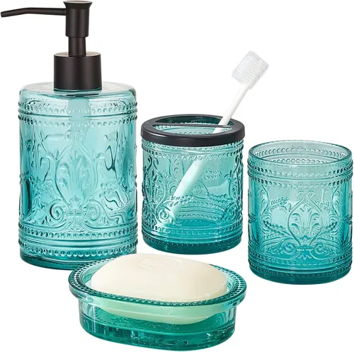 Miniatura 7 de Juego de 4 accesorios de baño de vidrio azul pesado con patrón decorativo prensado, incluye dispensador de jabón de mano, vaso, jabonera y soporte