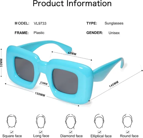 Miniatura 4 de VANLINKER Lindas gafas de sol cuadradas infladas para mujeres y hombres, gafas gruesas retro con marco grueso divertido máscara sombras VL9733