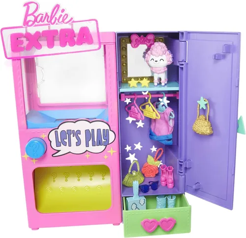 Barbie Juego de moda extra sorpresa con 20 piezas, incluyendo caniche para mascotas, armario y función de botón que dispensa accesorios de moda,