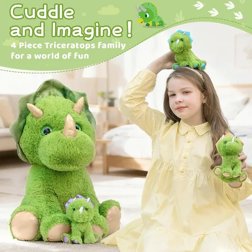 Miniatura 4 de Muiteiur Triceratops - Animal de peluche gigante de dinosaurio para mamá con 3 bebés pequeños, juguete de dinosaurio de felpa suave verde, regalo