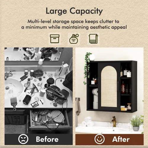 Miniatura 8 de RUSTOWN Armario de pared de ratán bohemio, gabinete de baño de mediados de siglo con puerta corredera, estantes ajustables, armario de Negro