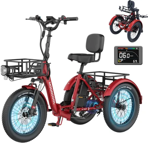 Miniatura 10 de MOONCOOL Triciclo eléctrico para adultos, 500 W/750 W 48 V, triciclo eléctrico plegable de potencia máxima 1100 W, neumático grueso de 20 x 3.0