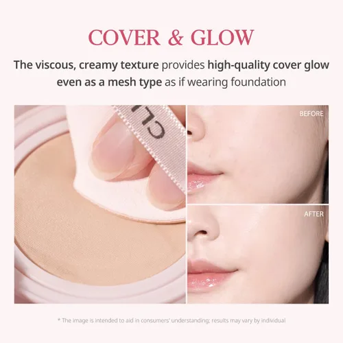Miniatura 9 de CLIO Kill Cover Mesh Glow Base de maquillaje con almohadilla ([Repuesto incluido] 15g*2, 23N JENGIBRE), Piel de vidrio, de larga duración, ligera