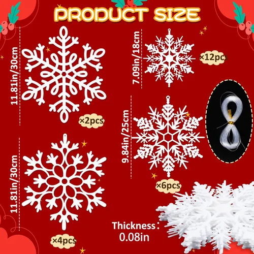 Miniatura 3 de 24 piezas de copos de nieve colgantes de Navidad grandes para exteriores, copos de nieve grandes blancos en diferentes tamaños para decoración