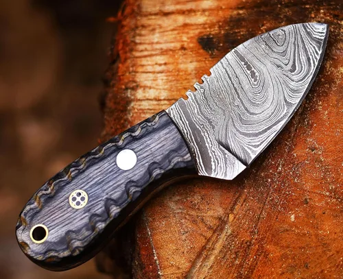 Miniatura 7 de ANCILLA Cuchillo de caza de Damasco hecho a mano EDC para ciervo, hoja fija de espiga completa, mini cuchillo de cuello de vaquero de bolsillo
