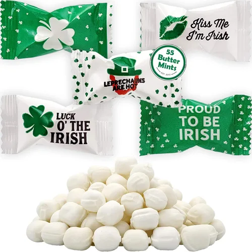 Caramelos de menta irlandesa de San Patricio, paquete de 55 mentas después de la cena, caramelo de mantequilla y menta, diseño de leprauchan verde,