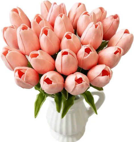 Miniatura 12 de UKELER Tulipanes artificiales a granel, 24 piezas de corona de bricolaje de tacto real, flores de tulipán artificiales para el hogar, cocina, boda