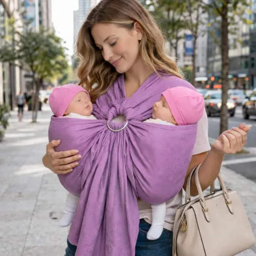 Miniatura 3 de Arnés de anillo tándem rosa para gemelos – Portabebés 100% mezcla de lino y algodón Arnés ergonómico para bebé doble para transporte de cadera