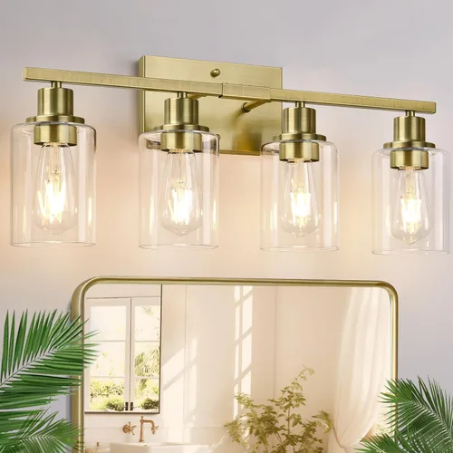 Miniatura 11 de Indoi Lámparas de baño de 4 luces, luces de tocador de níquel cepillado con pantallas de vidrio transparente, moderna lámpara de pared de baño