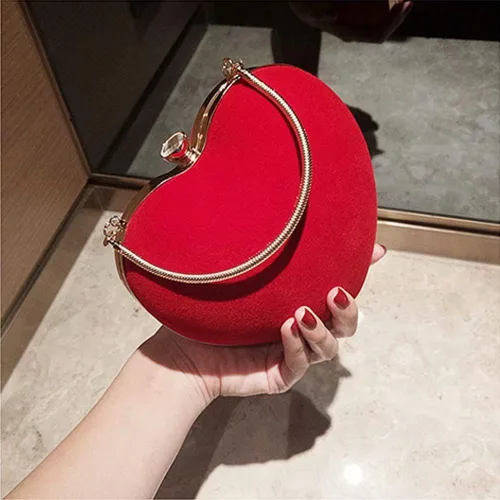 Miniatura 6 de Bolsos de mano de terciopelo en forma de corazón para mujer, bolsa de fiesta de noche con cadena para el hombro