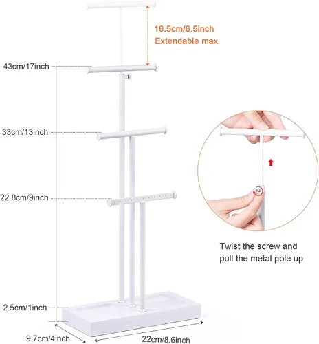 Miniatura 4 de Love-KANKEI Soporte para árbol de joyería, base de metal blanco y madera, organizador de joyas grande para collares, pulseras, aretes, organizador