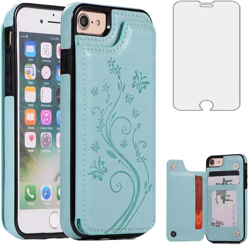 Miniatura 12 de Asuwish Funda para iPhone 7/8, iPhone SE 2020/2022 con protector de pantalla de vidrio templado, cartera abatible con soporte para tarjetas, doble