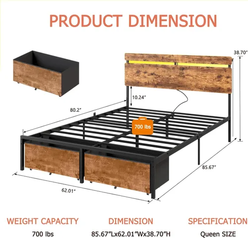 Miniatura 2 de Forestell Base de cama Queen con cabecera de madera, cama de plataforma de metal con 2 cajones de almacenamiento y estante, estación de carga Marrón
