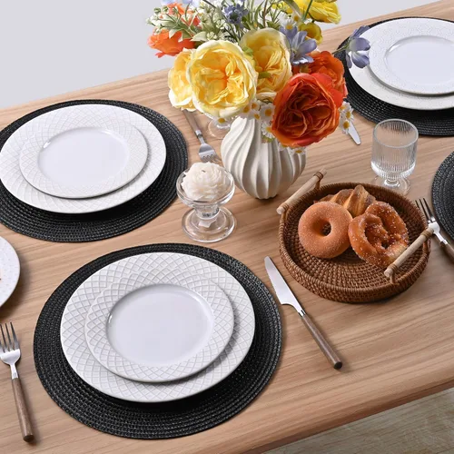 Miniatura 61 de Feuille Juego de 4 manteles individuales redondos trenzados para mesa de comedor, tejidos, lavables, antideslizantes, 13.5 pulgadas