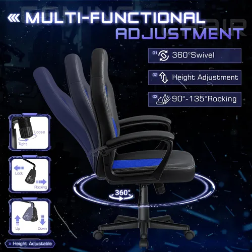 Miniatura 4 de Silla ejecutiva de piel para oficina, sala de conferencias o videojuegos con respaldo alto, ergonómica, ajustable., Cuero, Azul