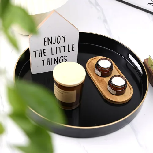 Miniatura 2 de Bandeja decorativa redonda negra con asas, bandeja versátil de 13 pulgadas para mesa de café, otomana, ideal para servir, exhibir y organizar