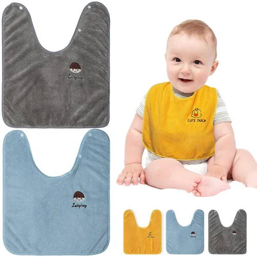 Miniatura 2 de Paquete de 3 baberos para bebés para niñas o niños, impermeables, baberos de toalla para niños pequeños de 1 a 3 años Azul amarillo gris