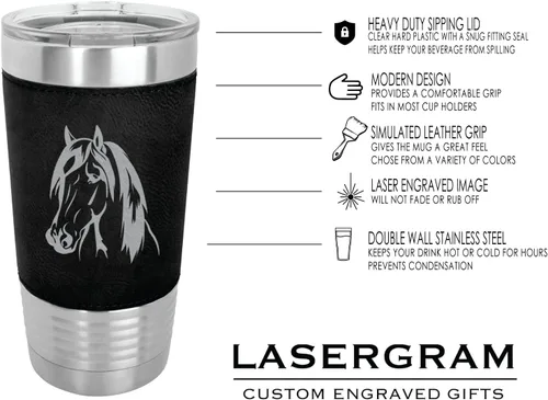 Miniatura 3 de LaserGram - Vaso de 20 oz con aislamiento al vacío, diseño de cabeza de caballo 1, (piel sintética, negro)