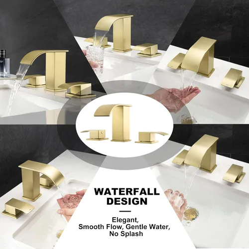 Miniatura 7 de Grifo de baño de cascada de oro cepillado de 8 pulgadas, grifos de baño para fregadero de 3 agujeros, grifo de lavabo de baño generalizado 2 asas