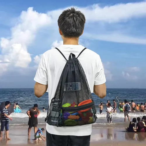 Miniatura 8 de Heavy Duty Drawstring Mesh Bag, Gym Backpack Sports String Bag with Bottle Holder for Balls, Swiming, Beach Toys