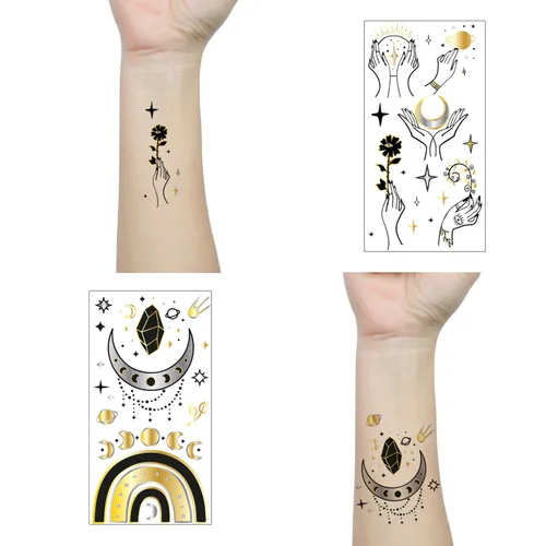Miniatura 3 de 9 hojas de tatuajes temporales pequeños, color negro, calcomanías de tatuaje de cara para hombres y mujeres, dorado metálico, flor espacial, luna