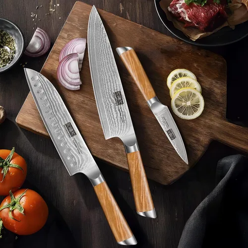 Miniatura 5 de HOSHANHO Juego de Cuchillos de Cocina de Damasco de 3 Piezas, Cuchillo de Chef Ultra Afilado de 8", Cuchillo Santoku de 7", Cuchillo Mondador