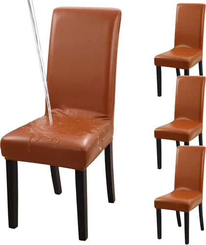 Miniatura 8 de YISUN Fundas para sillas de comedor, cuero sintético macizo, impermeable y resistente al aceite, elásticas, protectoras (negro, paquete de 4)