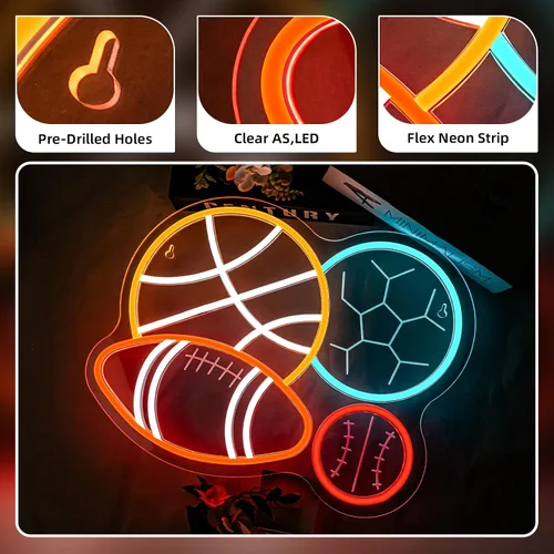 Miniatura 7 de NOSUN Letrero de neón con combinación deportiva de 4 bolas para dormitorio de niño, hombre, cueva, fútbol, fútbol, baloncesto, béisbol, luz de neón