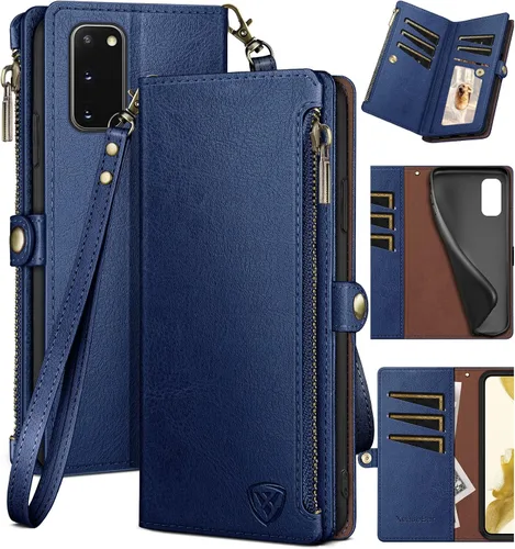 Miniatura 12 de XcaseBar Funda tipo cartera para Samsung Galaxy S20 con cremallera y tarjetero de crédito [bloqueo RFID], funda de piel sintética con tapa para Negro