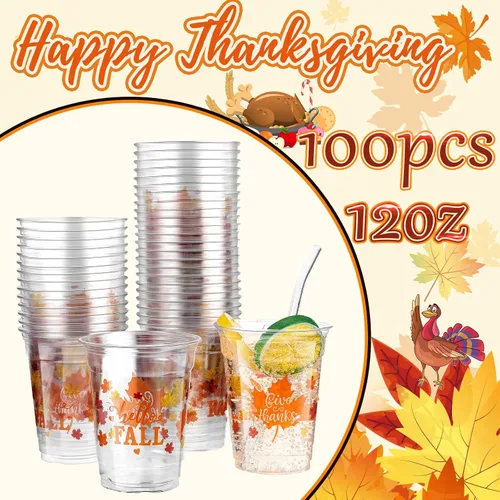 Miniatura 2 de Meanplan 100 vasos de plástico de Acción de Gracias a granel de 12 onzas, vasos desechables de otoño, hojas de calabaza, pavo, vasos transparentes