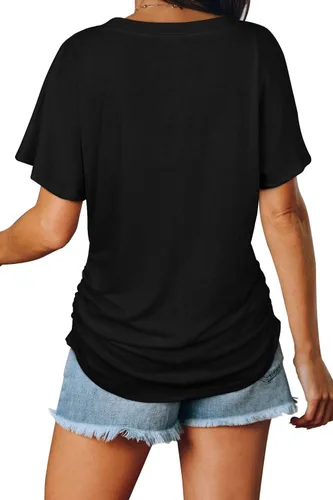 Miniatura 4 de WIHOLL - Camisetas de manga corta con cuello en V para mujer, holgadas, con fruncido lateral