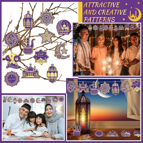 Miniatura 6 de Panelee 36 adornos de Ramadán para árbol Eid Mubarak decoración colgante de madera de castillo, faroles de estrella, luna, decoración islámica