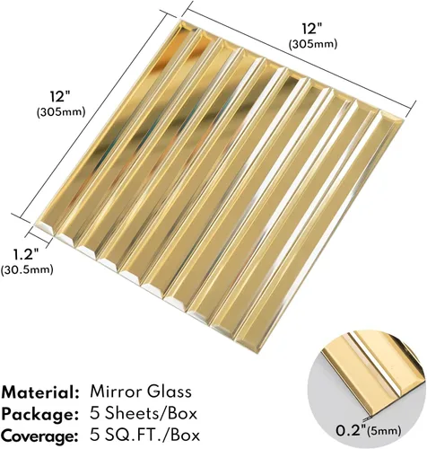 Miniatura 2 de Lovdeco - Tiras de espejo dorado para pegar y despegar para salpicadero de cocina y pared de baño, 30,5 x 30,5 cm, 5 piezas, 0,46 m².