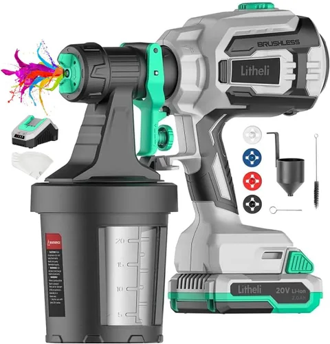 Litheli - Pulverizador de pintura inalámbrico con potente motor sin escobillas, pulverizadores de pintura de batería de 20V 2.0Ah con 4 boquillas y
