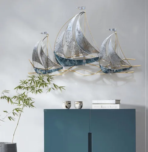 Miniatura 2 de AUQMTAIN Decoración de pared de barco náutico de 34 pulgadas, esculturas de pared de barco náutico 3D, velero costero hecho a mano para el hogar