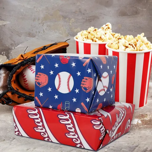 Miniatura 6 de AnyDesign 12 hojas de papel de regalo de béisbol, no enrolladas, papel de regalo deportivo, papel de regalo deportivo, plegado a granel, papel plano