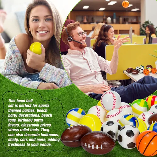 Miniatura 5 de HyDren 72 pelotas deportivas para el estrés, mini pelota deportiva de espuma, incluye bolsa de almacenamiento, baloncesto, fútbol, fútbol, tenis