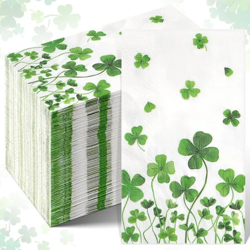 100 servilletas de decoración del día de San Patricio, desechables, trébol irlandés verde, trébol de la suerte, servilletas de mano para primavera,