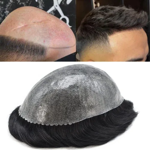 Miniatura 92 de Toupee para hombres Sistema de reemplazo de cabello humano real para hombres Completo PU Mens Hairpiece de aspecto natural para hombre piezas
