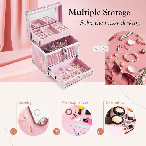 Miniatura 3 de Hododou Joyero organizador para niñas con cajón y espejo estuche de almacenamiento con cerradura estilo rosa brillante para niños o niñas pequeñas