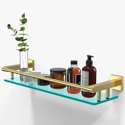 Estante de vidrio para baño, vidrio templado de 20 pulgadas con barandilla de acero inoxidable dorado cepillado, estantes de vidrio flotantes para