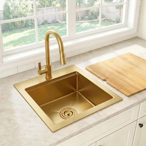 Miniatura 19 de Fregadero de cocina dorado, fregadero de cocina empotrado de 27 x 18 pulgadas, fregadero de acero inoxidable calibre 16 Oro